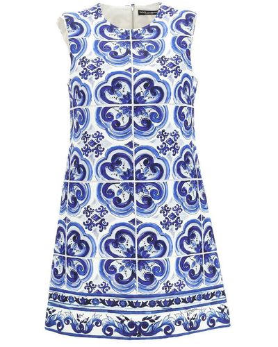 Dolce & Gabbana Majolica-Print Round Neck Mini Dress - Blue