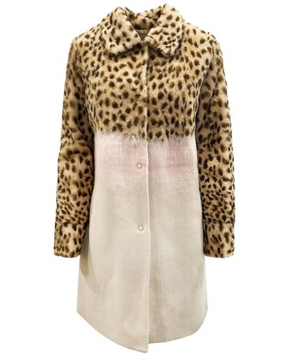 DROMe Leopard Sleeve Shearling Coat - Natural