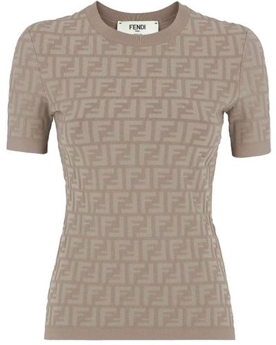 Fendi Monogram Detailed Knit T-Shirt - Grey