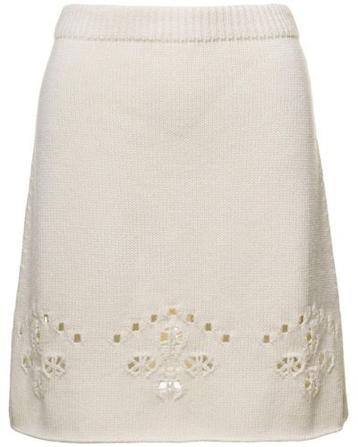 Chloé A-line Knit Mini-skirt With Perforated Motifs In Wool - Natural