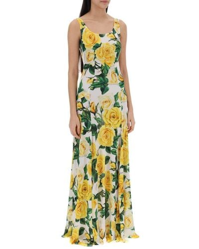 Dolce & Gabbana Rose Printed Sleeveless Midi Dress - Yellow