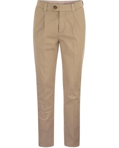 Brunello Cucinelli Garment-dyed Leisure Fit Pants In American Pima Comfort Cotton With Pleats - Natural