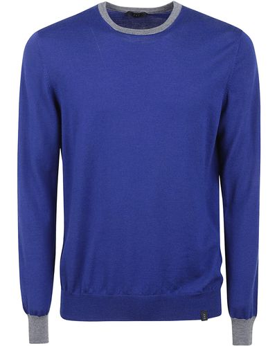 Fay Padded Shoulder Rib Trim Sweater - Blue
