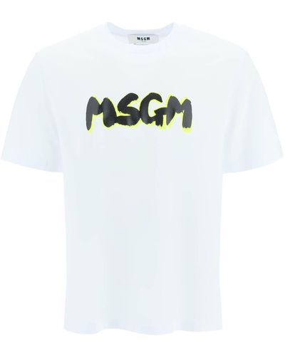 MSGM T-shirt With Brushed Logo And Fluo Shadow - White