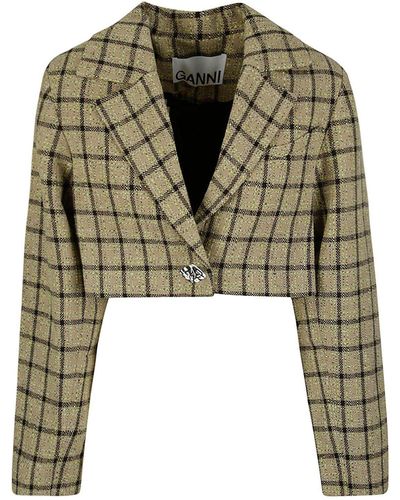 Ganni Checked Suiting Cropped Blazer - Green
