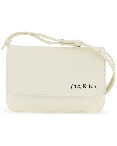 Marni Logo Embroidered Foldover Top Shoulder Bag - Natural
