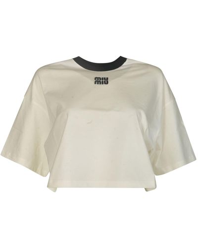 Miu Miu Logo Cropped T-Shirt - Natural