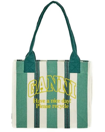 Ganni Large Striped Canvas Tote Bag - Green