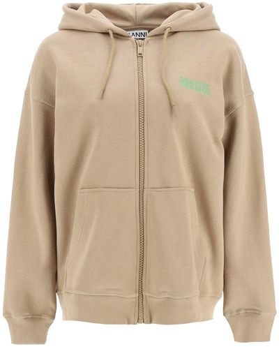 Ganni Logo Embroidery Zip-up Hoodie - Natural