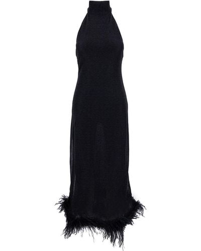 Oséree Long Black Dress With High Neck And Feathers In Lurex Woman