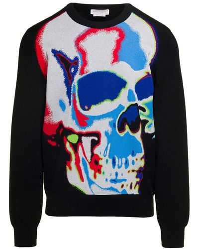 Alexander McQueen Black Crewneck Sweatshirt With Multicolor Jacquard Skull In Wool Blend Man - Blue