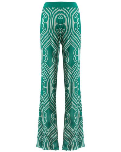 Etro Woman Palazzo Trousers In Jacquard Plisse With Geometric Pattern - Green