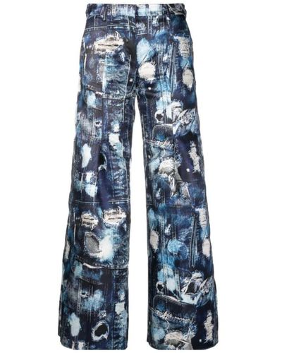 John Richmond Cropped Trousers With Wide Leg And Iconic Runway Denim-effect Pattern. - Blue