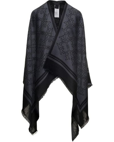 Pinko Two-tone Shawl With All-over Print And Striped Hem In Wool Blend - Black