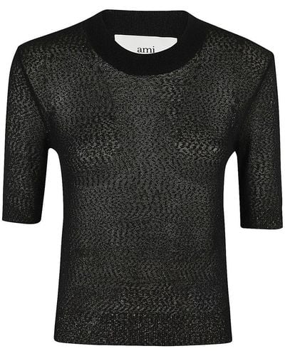 Ami Paris Crewneck Cropped Knitted Top - Black