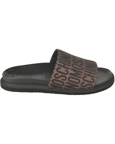 Moschino Logo Print Flat Sliders - Brown