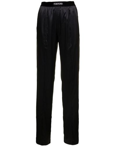Tom Ford Loose Pants With Logo In Stretch Silk - Black