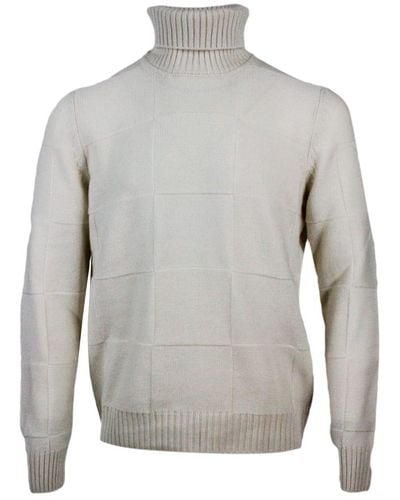 Barba Napoli Turtleneck Jumper In Pure And Soft Cashmere With Alternating Embossed Squares - Grey