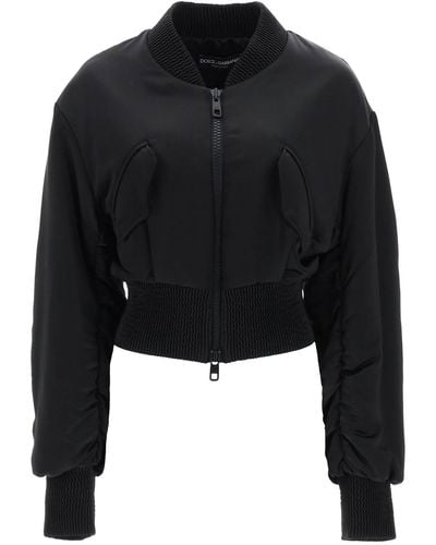 Dolce & Gabbana Charmeuse Bomber Jacket With Draped Sleeves - Black
