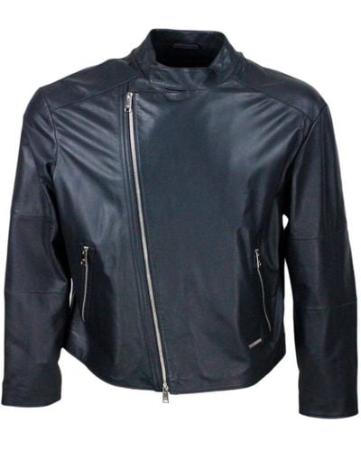 Armani Jacket With Zip Closure Made Of Soft Lambskin With Perforated Leather Details. Zip On Pockets And Cuffs - Blue
