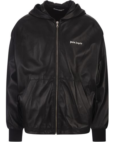 Palm Angels Hooded Leather Jacket With Logo - Black