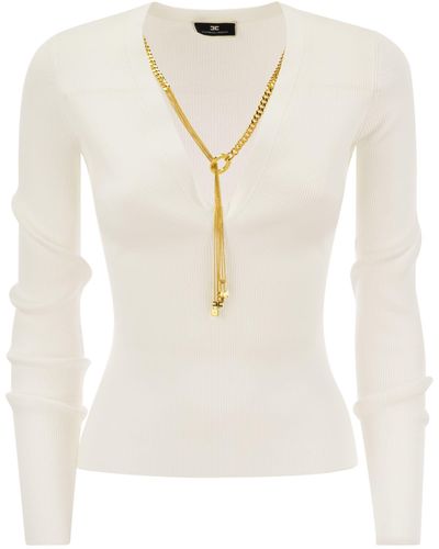 Elisabetta Franchi Long-Sleeved Ribbed Viscose Top With Necklace - White
