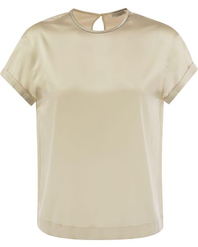 Brunello Cucinelli Stretch Silk Satin T-Shirt With Necklace - Natural