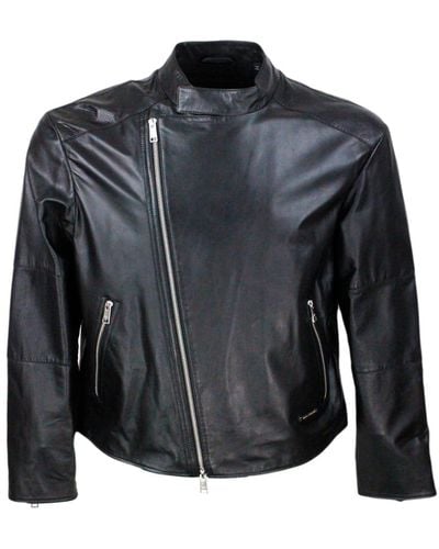Armani Jacket With Zip Closure Made Of Soft Lambskin With Perforated Leather Details. Zip On Pockets And Cuffs - Black