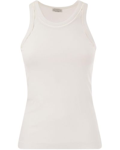 Brunello Cucinelli Stretch Cotton Rib Jersey Top With Satin Trims - White