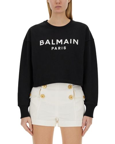 Balmain Logo Print Cropped Sweatshirt - Black