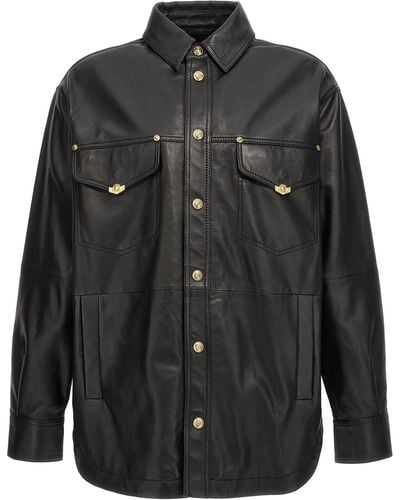 Versace Logo Button Leather Jacket - Black