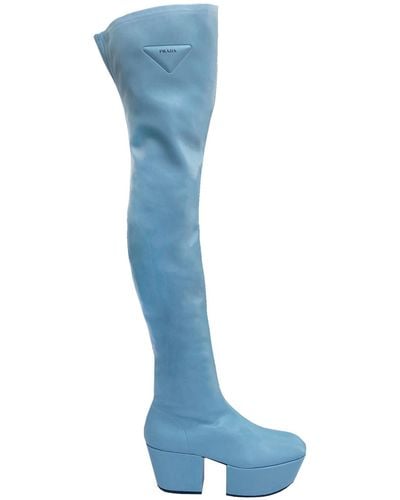 Prada Logo Over The Knee Boots - Blue