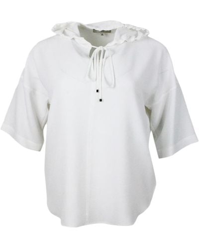 Antonelli Lightweight Short-Sleeved Stretch Silk Crepe Shirt With Drawstring Hood. Fluid Fit - White