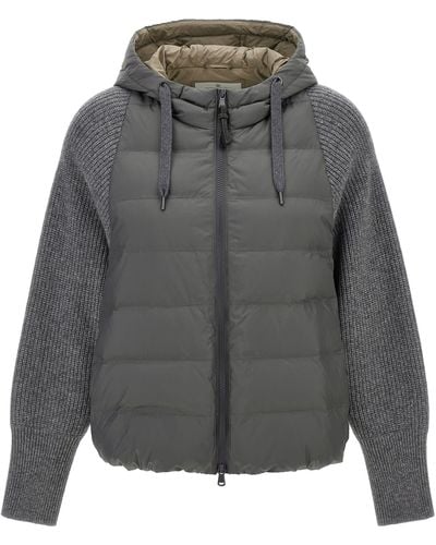 Brunello Cucinelli Hooded Down Jacket With Solomeo Inserts - Grey