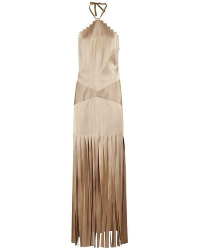 Alberta Ferretti Pleated Sleeveless Halterneck Gown - Natural