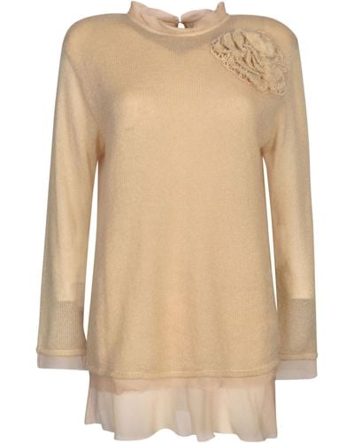 Ermanno Scervino Floral Embroidery Lace Paneled Knit Sweater - Natural