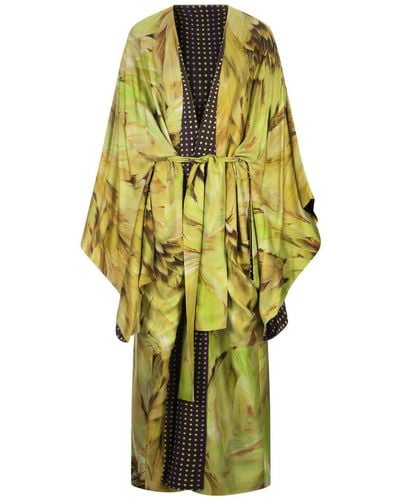 Roberto Cavalli Reversible Long Dress With Plumage Print - Yellow