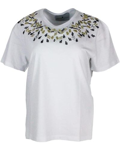 Ermanno Scervino Short-Sleeved Round-Neck Cotton T-Shirt Embellished With Applied Crystals - White