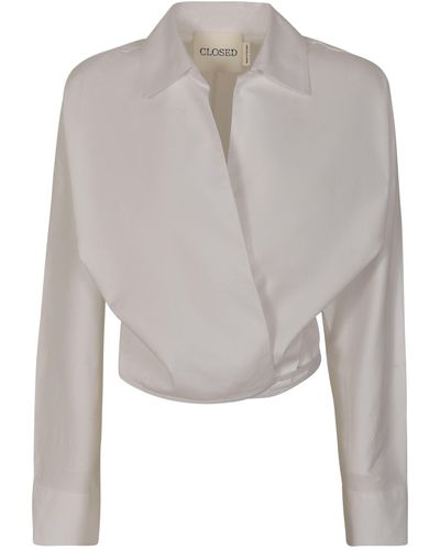 Closed V-Neck Cropped Plain Shirt - Gray