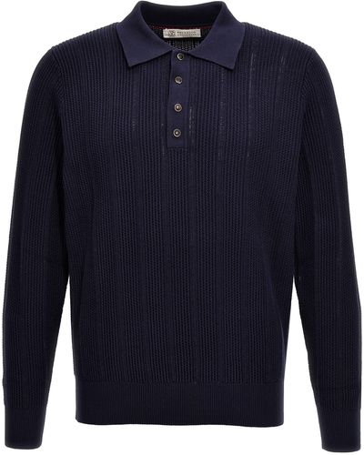 Brunello Cucinelli Knitted Shirt Polo - Blue