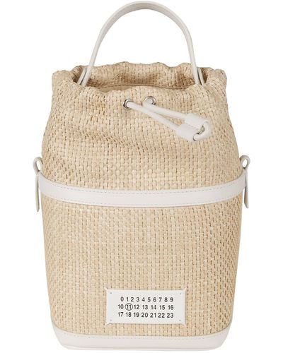 Maison Margiela Logo Patched Woven Bucket Bag - Natural
