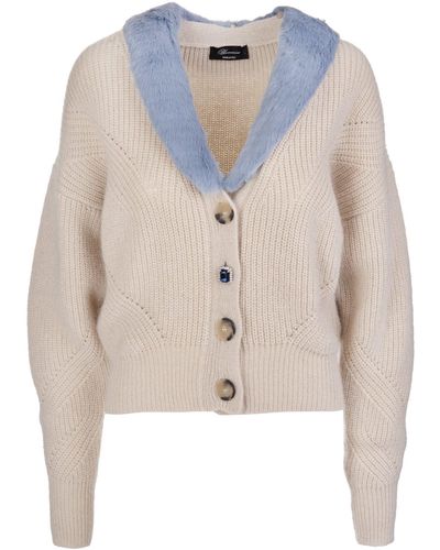 Blumarine Wool Cardigan With Eco-Fur - Natural