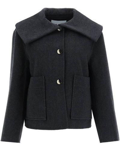 Ganni Oversized Collar Short Coat - Black