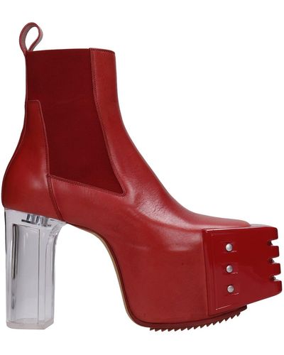 Rick Owens Grilled Platform High Heels Ankle Boots In Leather - Red