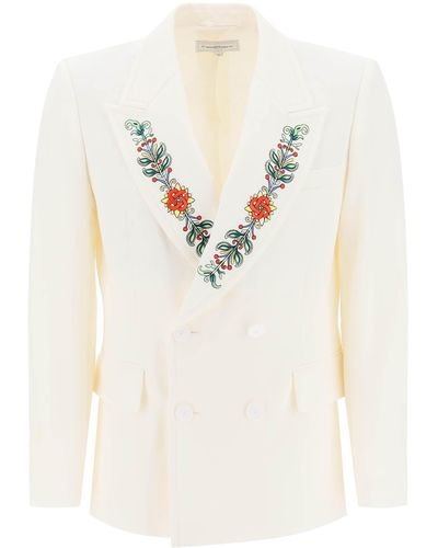 Casablancabrand Double Breasted Jacket With Embroidered Lapel - White