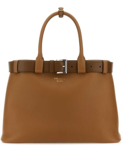 Prada Caramel Leather Buckle Large Handbag - Brown
