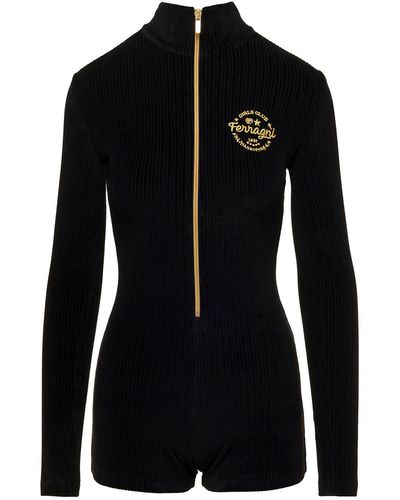 Chiara Ferragni Black Short Jumpsuit With Zip And Logo Embroidery In Chenille