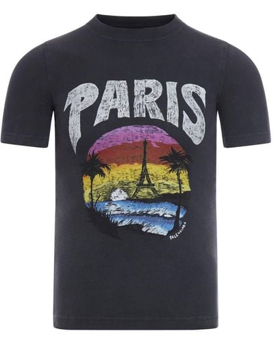 Balenciaga Fitted T-Shirt Paris Tropical Str Jersey Peel - Blue