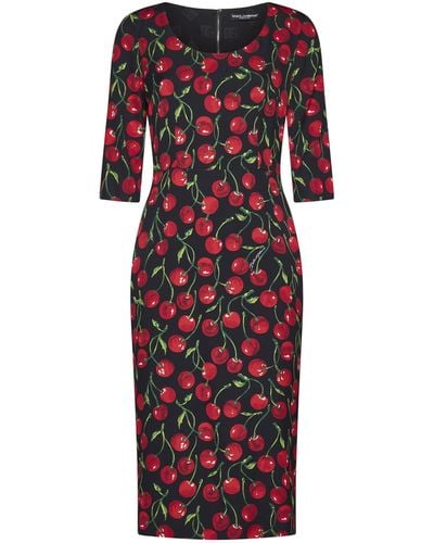 Dolce & Gabbana Cherry-Print Charmeuse Calf-Length Dress - Red