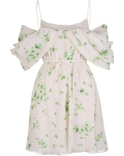 Giambattista Valli White Mini Dress With Green All-over Floral Print